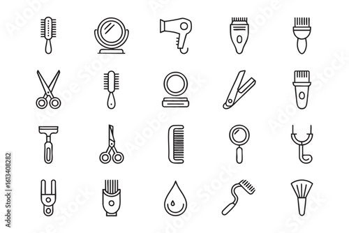 Hairdressing Tools and Equipment Icons Set Hair Salon Accessories Comb Mirror Dryer Clipper Scissors Razor Brush Cosmetic Mirror Hair Straightener Isolated on Transparent Background