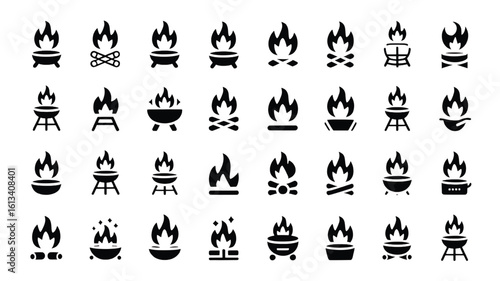 Collection of Black Fire Icons Representing Campfires and Outdoor Cooking Elements Perfect for Graphic Design and Web Development Projects