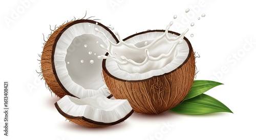 Fresh Coconut Halves with Milk Splash Illustration