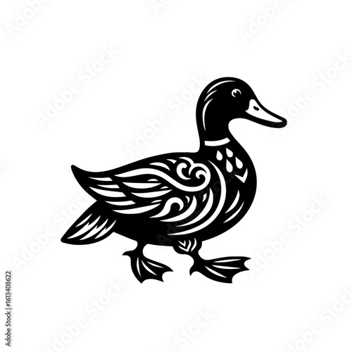 A decorative duck illustration in black and white isolated on white background