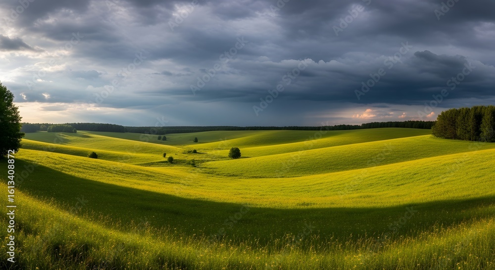 Obraz premium Rolling green fields under dramatic stormy sky landscape
