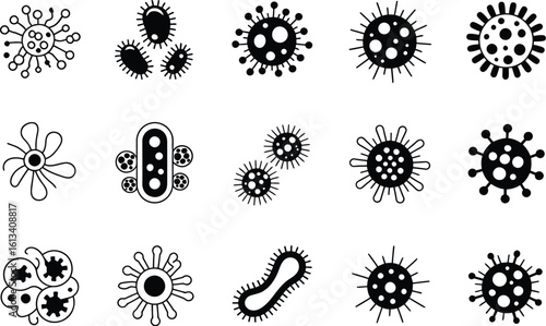 A collection of black and white vector drawings of various virus and bacteria