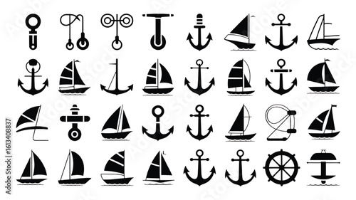 Collection of various stylized vector maritime icons boats anchors and nautical equipment for design elements graphic resources and illustrating sea related topics
