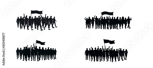 Silhouette of Diverse Protesters Marching with Raised Fists – Labour Day Concept