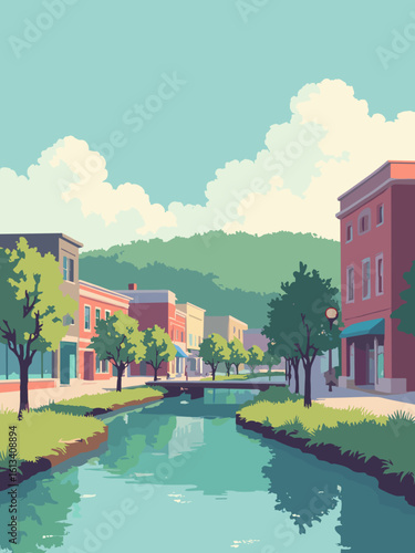 Johnson City, TN – Founders Park creek and downtown art in creek green, mural pink, sky blue, and hill brown