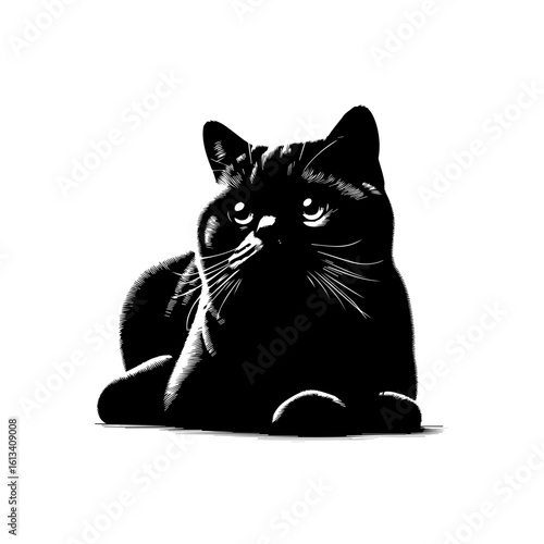 A black cat is isolated on white background