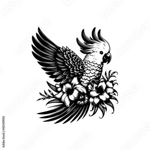 A cockatoo with flowers isolated on white background