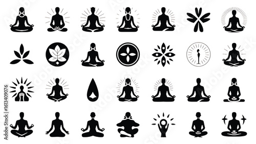 Collection of Yoga Meditation Poses and Spiritual Symbols for Wellness and Serenity Black and White Vector Illustration Set