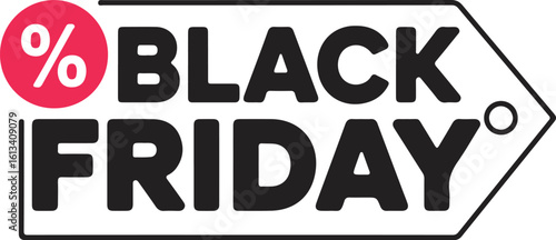 Black Friday promotional tag features bold letters and a vibrant percentage symbol on white