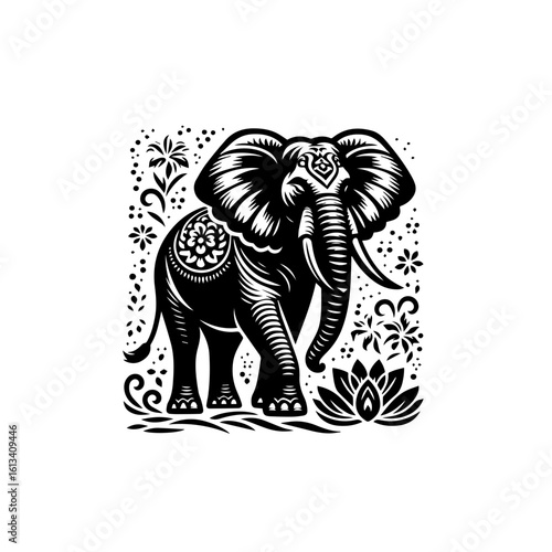 Wallpaper Mural An ornate elephant stands amidst stylized flowers and foliage Torontodigital.ca