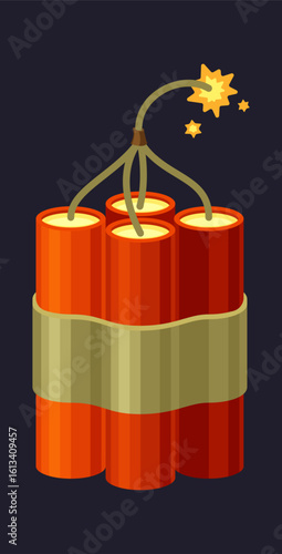 TNT. red detonators stick burning cable dynamite box, fuse cartridge belt,. vector cartoon item.