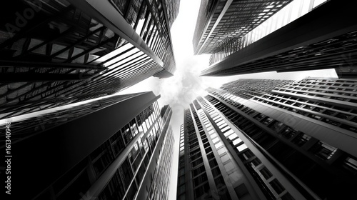 A perspective shot of skyscrapers converging into the sky, creating an abstract geometric pattern