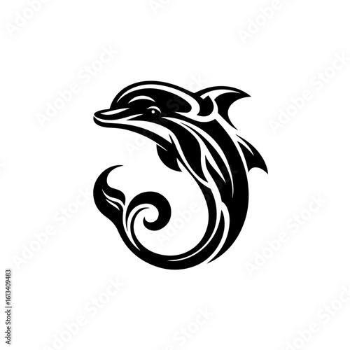 A sleek dolphin leaps with a stylized, swirling tail