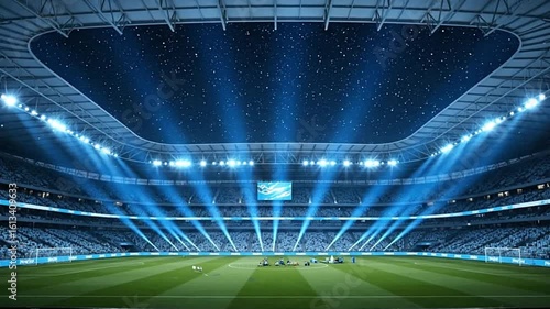 Stadium illuminated by spotlights under a starry sky filled with spectators and a vibrant green field below