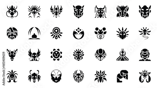 Collection of Fantasy Creatures and Mask Icons for Mythical and Cultural Designs Exploring Monsters Demons and Deities in Vector Art