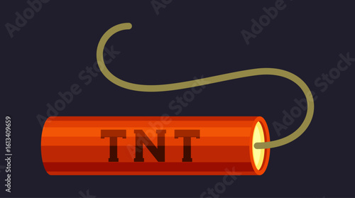 TNT. dynamite box, red detonators stick burning cable, fuse cartridge belt. vector cartoon item.
