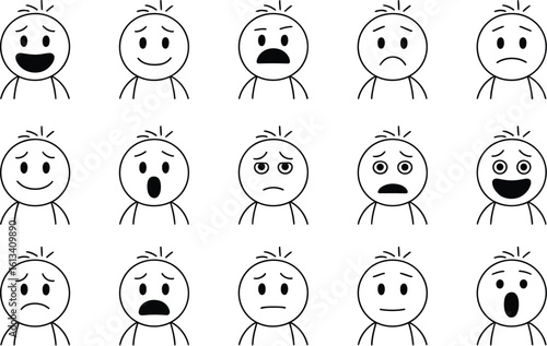Collection of simple stick figure faces showing a wide range of emotions and expressions