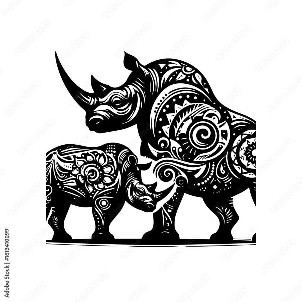 Fototapeta premium A mother and baby rhino with tribal patterns isolated on white background