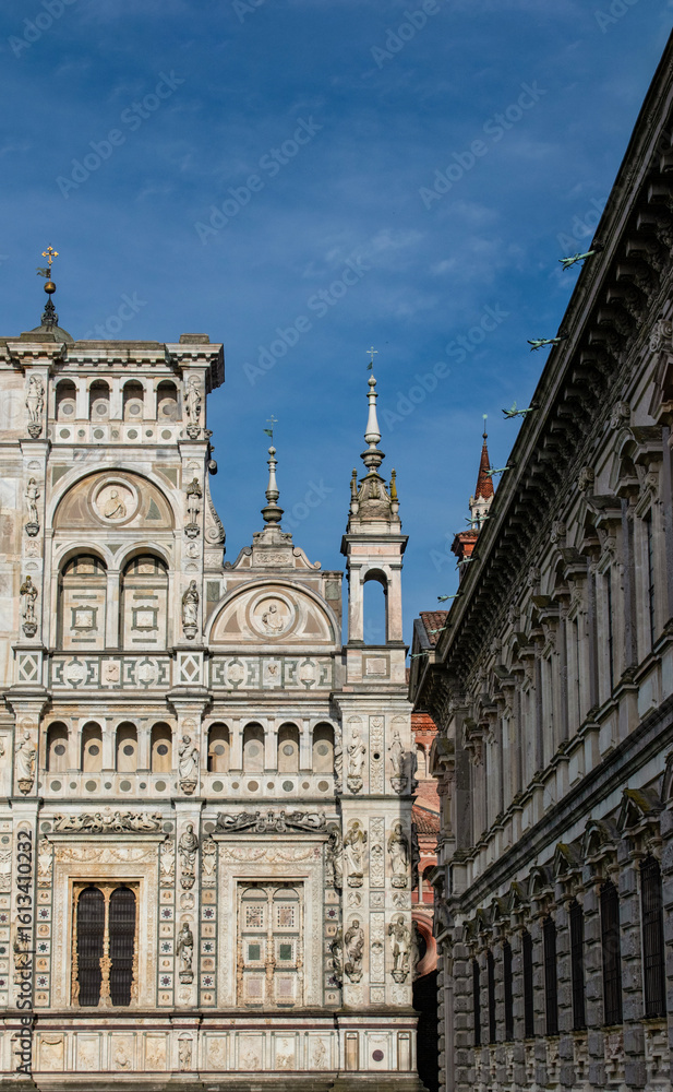 Fototapeta premium Italy, Europe: facade of The Certosa di Pavia (Pavia Charterhouse), famous monastery complex in Lombardy built from 1396 to 1495, commissioned by first Duke of Milan Gian Galeazzo Visconti