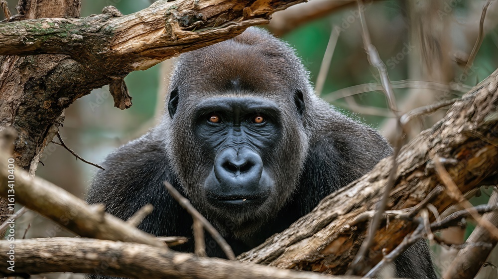 Fototapeta premium A powerful gorilla gazes intensely through dense forest branches, its face framed by nature and filled with raw strength. 