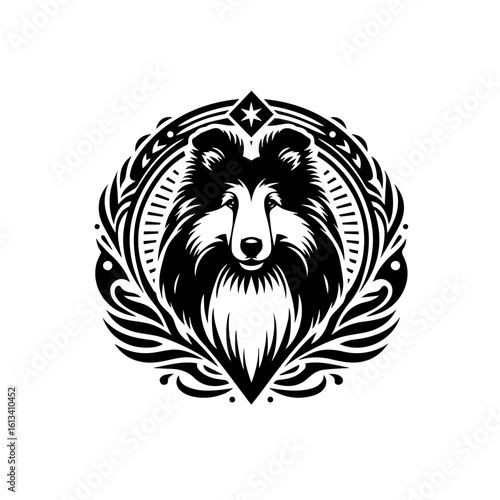 A sheltie dog portrait is framed by ornate designs isolated on white background