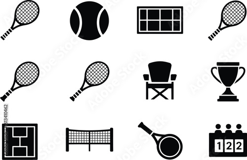Collection of crisp black and white icons representing tennis equipment and court elements