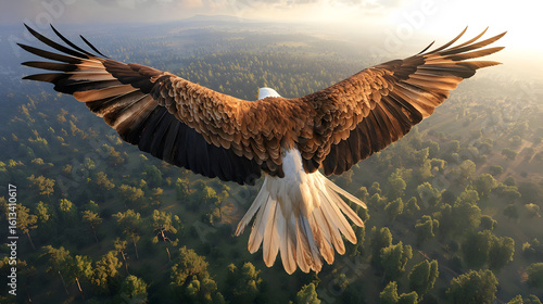 Majestic eagle soaring above lush forest, back view. Sunlight highlights plumage