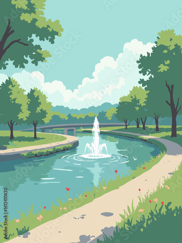 Waukesha, WI – Fox River boardwalk and spring fountains in river teal, fountain white, path gray, and park green