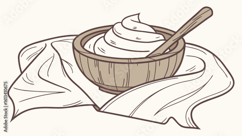 Illustration of sour cream in bowl with spoon on cloth napkin for culinary design projects and cuisine art