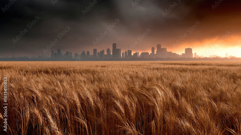 Fototapeta premium Golden wheat field under dramatic sky with city skyline in background, warm sunlight, peaceful and moody atmosphere