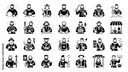 Set of historical figures with diverse occupations in black and white vector illustrations representing trades professions and social classes of past eras