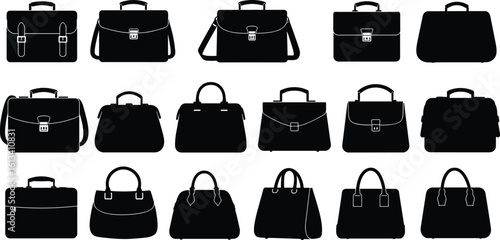 Collection of business bags and handbags, silhouette icon set, fashion accessories, office briefcases, female purses, professional and stylish design