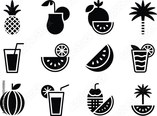 Collection of refreshing tropical fruit icons and drinks for summer enjoyment