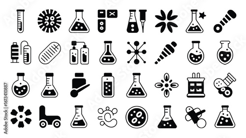 Collection of science and laboratory equipment icons for chemistry biology and research showcasing flasks test tubes and petri dishes