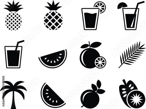 A vibrant collection of tropical fruit icons and refreshing summer drinks