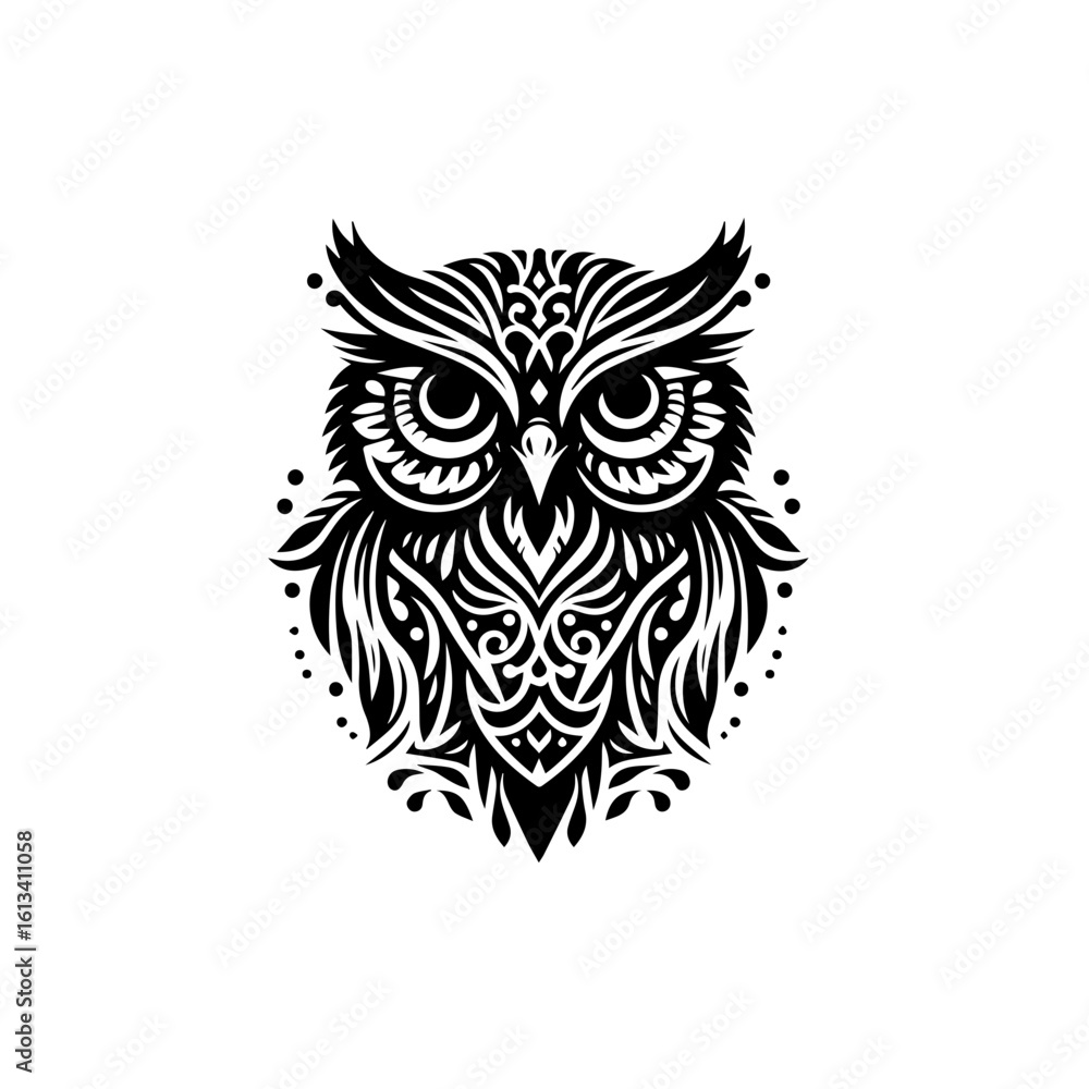 Obraz premium An intricately designed owl stares intently, isolated on white background