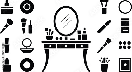 Elegant vanity table with mirror and collection of makeup essentials