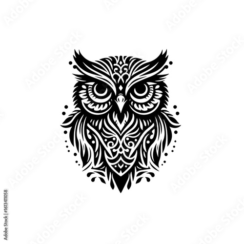An intricately designed owl stares intently, isolated on white background