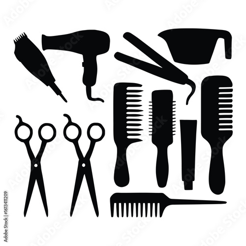 Silhouette of hair stylist tools black and white silhouette vector illustration for salon and barbershop design