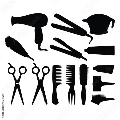 hairdressing salon tools silhouette vector illustration set for barbershop beauty salon or hairdresser shop