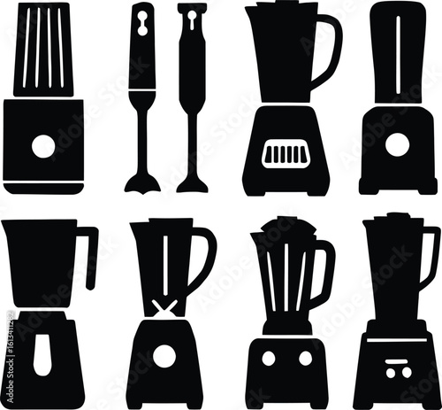 blender machine silhouette, vector set kitchen appliances and hand blender silhouette for food processing design