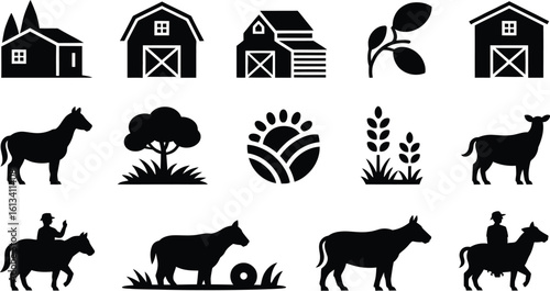 Set of farm and agriculture icons representing rural life and livestock
