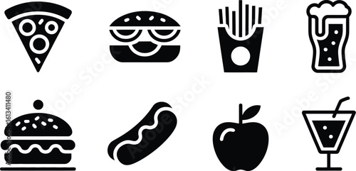 Collection of popular fast food icons and healthy snack