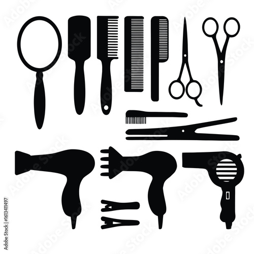 salon tools silhouette vector set black silhouette mirror comb scissors hair dryer straightener isolated on white background