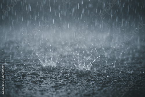 Heavy Rain, Water Droplets Splashing on Ground