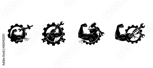 Silhouette of Flexed Arm Holding Tool – Labour Strength Symbol Vector

