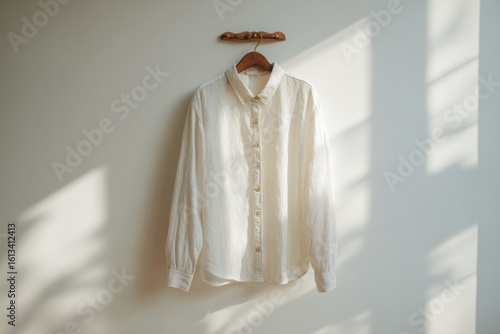 Cream linen shirt on wooden hanger, sunlit