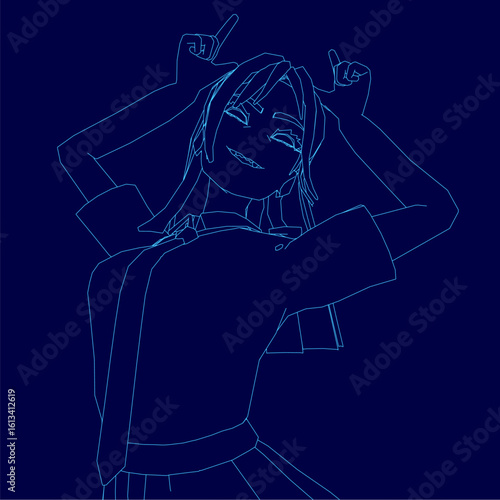 Schilderij op canvas A young college girl in a blue anime-style dress poses with hands on her head against a dark blue background