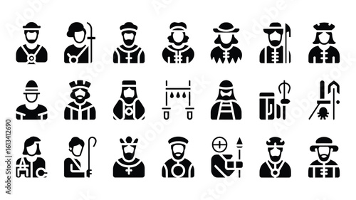 Medieval Characters and Symbols Collection Black Pictogram Icons Depicting Various Historical Figures and Objects Related to the Middle Ages