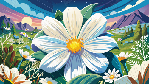 White cosmos blossom design for summer travel and nature scenes captures purity beneath bright skies. In semi-realistic vector style, each petal glows with soft light and gentle movement.